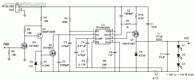 利用負輸出電壓,以升降壓拓樸調(diào)節(jié)恒定LED電流