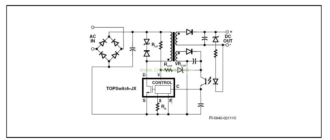 圖 1. 具有初級(jí)檢測(cè)的輸出過(guò)壓保護(hù)、輸入欠壓鎖存、輸入過(guò)壓關(guān)斷及可設(shè)定流限值功能的典型TOPSwitch-JX反激式電源