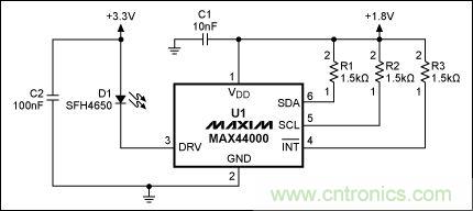 圖2：MAX44000典型電路，帶有發(fā)射器旁路