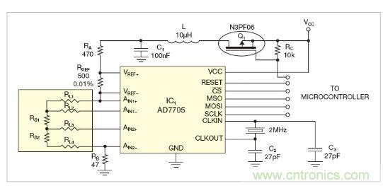 圖1：測(cè)量電路測(cè)三個(gè)點(diǎn)的值，微控制器就可以計(jì)算出傳感器值