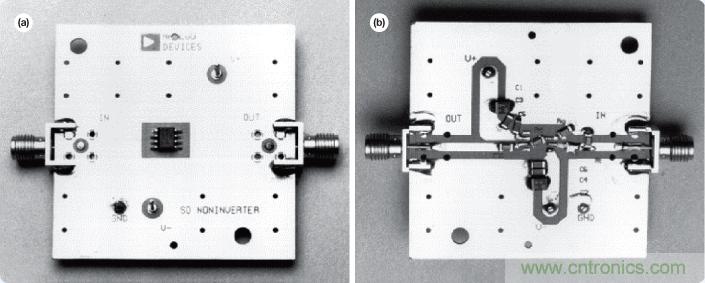 圖14. AD8001AR評(píng)估板&mdash;俯視圖(a)和仰視圖(b)。