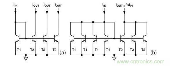 （a） 多級(jí)電流鏡 （b） 非整數(shù)比例電流鏡可將3個(gè)T2集電極結(jié)合起來(lái)，得到3IIN