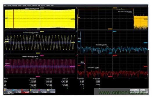 使用縮放功能選通FFT的例子。在437&mu;s和1.42ms處采集的兩個5&mu;s縮放波形顯示了作為時間函數(shù)的頻率的差別。