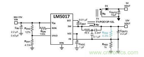 基于 LM5017 的 Fly-Buck 轉(zhuǎn)換器電路，沒有基于光耦合器的穩(wěn)壓電路