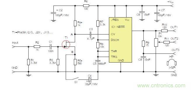 含JFET輸入和NE555的耳機(jī)/線(xiàn)路驅(qū)動(dòng)器