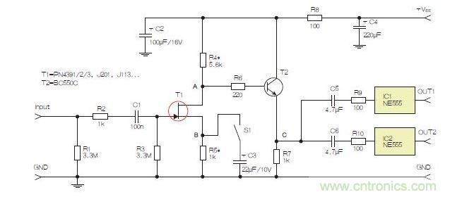 所示電路采用兩個(gè)工作在不同頻率下的555定時(shí)器，以獲取不同的音