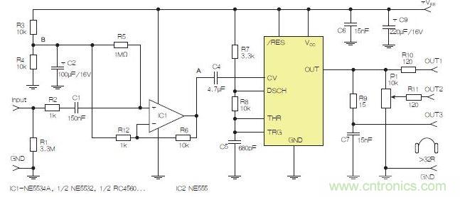 含運(yùn)算放大器和NE555定時(shí)器的耳機(jī)和音頻線(xiàn)路驅(qū)動(dòng)器。也可以使用CMOS版本(如LMC555)，但輸出電流較低。其優(yōu)點(diǎn)為工作頻率較高。