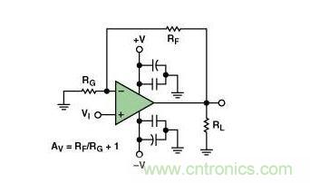 典型的運算放大器電路，(a)原設計圖，(b)考慮寄生效應后的圖