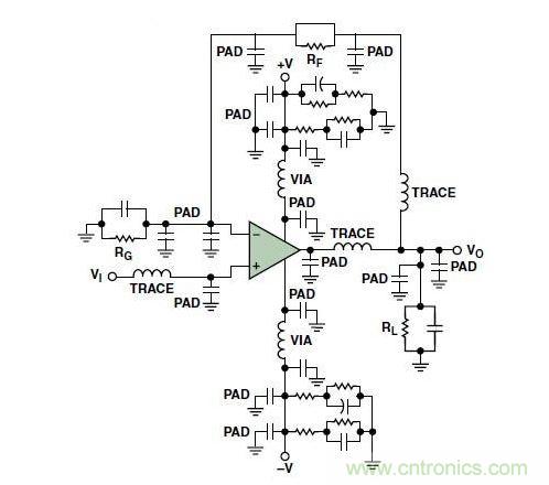 典型的運算放大器電路，(a)原設計圖，(b)考慮寄生效應后的圖