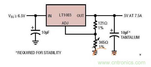 集成型線性穩(wěn)壓器實(shí)例：只有3個(gè)引腳的7.5A線性穩(wěn)壓器。