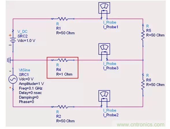 【導讀】說實話，這個問題也對高速先生造成了困擾。一直都會有人問回流的交疊是否會造成信號之間的干擾，比如平面的上下走線重疊，回流路徑一樣時。通常會有這么幾種回答！  1.趨膚效應導致電流并沒有相交；  但是在1.2mil的銅厚的情況下，10MHz以上的信號才會出現(xiàn)明顯的趨膚效應?？磥磉@個解釋并不合理。  2.信號在介質(zhì)中傳遞，電磁場的耦合才會造成串擾；  這個說法沒錯，但是還是不能解開心中對電流走在同一條路徑上時，會不會造成相互之間干擾的問題。  讓我們來做以下實驗，搭建一個拓撲如圖1所示： 1 圖1  環(huán)路1由一個DC1.0V供電，表示我們的受干擾線，電流表1測量路徑1上的電流。  環(huán)路2由一個100MHz的AC1.0V供電，表示我們的干擾源，電流表2測量路徑2上的電流。  電流表3測量回流路徑上的電流。  這樣一個結(jié)構(gòu)，得到的結(jié)果是如何呢？如圖2所示： 2 圖2  可以看到，我們的被干擾源就是一個干凈的直線，雖然環(huán)路1和環(huán)路2在回流路徑上電流交疊，但是他們相互之間并不影響。其實這不就是基爾霍夫定律嗎。  有人會試圖從電磁場的角度來否定基爾霍夫定律在這里的正確性，&ldquo;回流路徑也會產(chǎn)生電磁場，這些電磁場會與其他的回流路徑相互影響&rdquo;。但事實上是，回流路徑與回流路徑之間是沒有耦合途徑的，他們在同一個平面上，沒有容性耦合，也沒有感性耦合。  那么是否回流就不會影響我們的信號質(zhì)量了呢？當然是會影響的。  其實在圖1的實驗中，筆者討了個巧，將地平面各個短路點之間的阻抗當成了0，但實際上，地平面的各個不同的點之間是有轉(zhuǎn)移阻抗的。讓我們模擬實際情況再看看圖3： 3 圖3  這時候我們假設我們的地平面是有1&Omega;電阻的。（當然這是為了實驗效果，實際上地平面阻抗并不會有這么大），結(jié)果如圖4： 4 圖4  是的，干擾出現(xiàn)了。這個干擾并不是來自于回流路徑之間的電流耦合，而是來自于我們地平面本身由于有轉(zhuǎn)移阻抗的存在，導致回流流經(jīng)地平面時，造成地平面并不是一個完美的0電平。  回流就是這樣干擾我們的信號的，也就是我們所說的地彈。