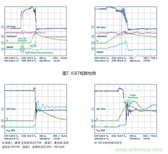 過流關斷時序延遲（通道1：柵極-發(fā)射極電壓10 V/div；通道2：來自 控制器的PWM信號5 V/div；通道3：低電平有效跳變信號5 V/div；100 ns/div）