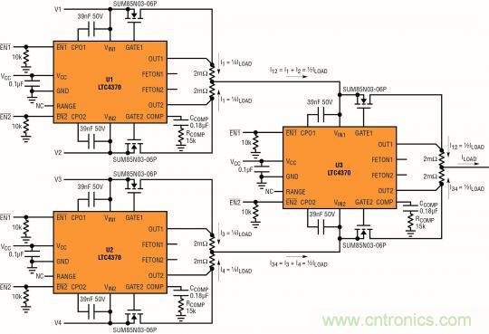 針對三個或四個電源的簡易平衡負載均分，即使電源電壓不等也絲毫不受影響
